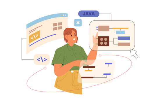 Woman writing Java and Python code on computer screen. Vector female character using programming interface. Learning programming languages and app creation. Software development in modern workspace