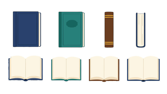 Set of hardcover books in closed and open views illustration