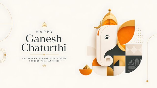 Minimalist Abstract Lord Ganesha Geometric Shape Face with Modak Sweet for Modern Ganesh Chaturthi Elegant Banner, Contemporary Religious Greeting Layout, and Off White Background