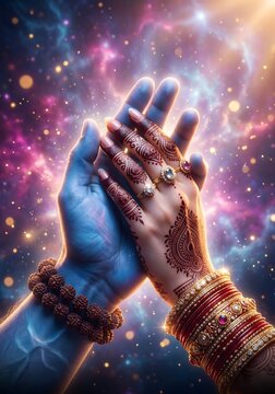 Divine connection of lord shiva and goddess parvati hands in cosmic galaxy