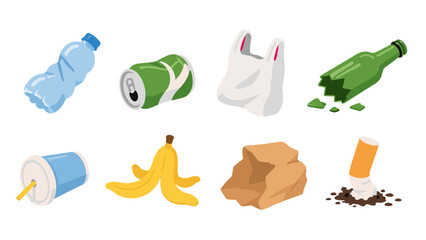Obraz na płótnie Canvas Vector set of common waste and litter items on white