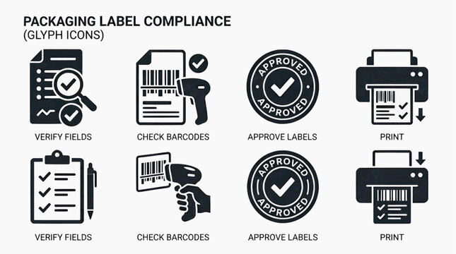 Packaging label compliance icons show verify fields, check barcodes, approve labels, and print documents on a white background with glyph icons.
