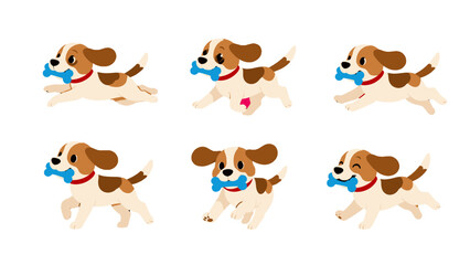 Fototapeta premium Cute cartoon puppy set with blue bone in different poses