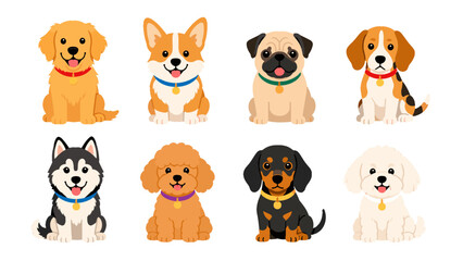 Set of cute cartoon dog breeds sitting on white background © Alan