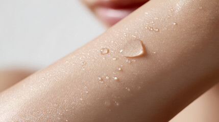 Fototapeta premium Close-up of smooth human skin with fresh water droplets enhancing texture, showcasing hydration and skincare concepts in a bright, clean setting