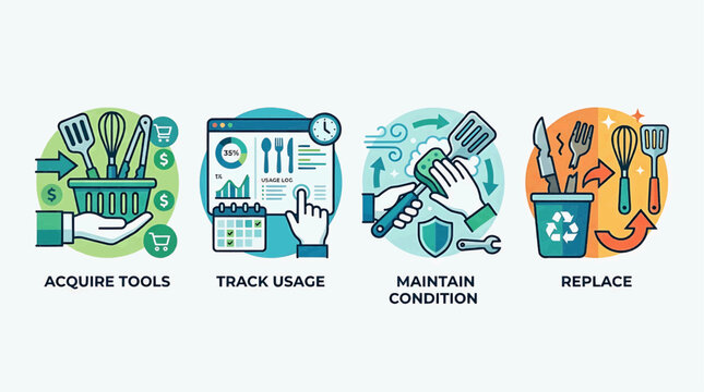 Workers are acquiring tools, tracking usage, maintaining condition, and replacing equipment in an industrial setting with icons.