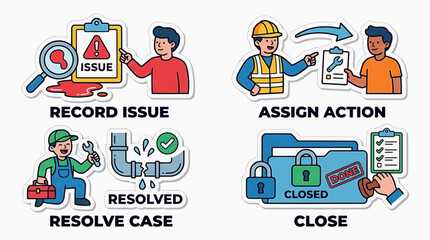 Fototapeta premium Workers resolving industrial issues with stickers and equipment in an office setting