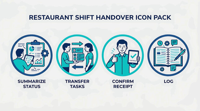 A restaurant staff member summarizes status and transfers tasks to another during shift handover.