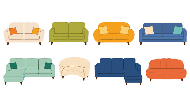Set of colorful sofa and couch designs in flat vector style