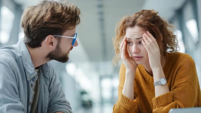 A worried young woman receives emotional support from a male colleague during a difficult conversation in a contemporary workspace. Stress, empathy, and mental health awareness are depicted