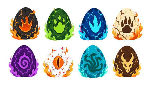 Set of fantasy dragon eggs with symbols and colored flames