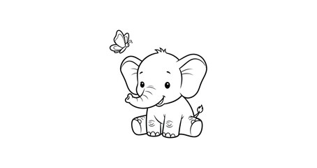 Fototapeta premium A delightful coloring page featuring a friendly baby elephant and its whimsical butterfly companion.