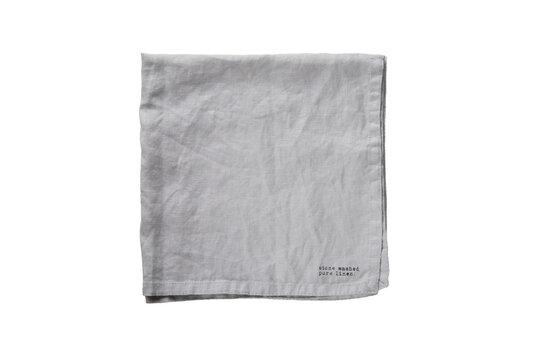 Grey linen napkin isolated on white transparent background, square natural organic linen fabric cloth top view.