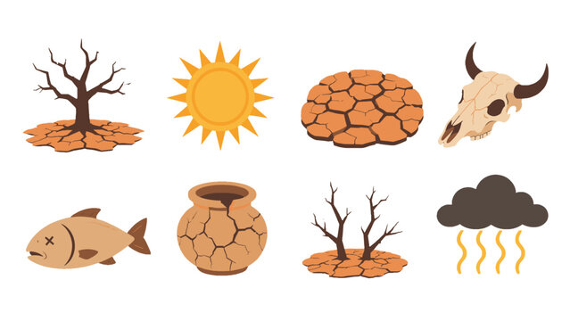 Drought and heat icons with dry earth, sun, skull and dead fish