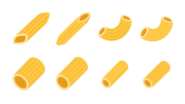 Set of assorted uncooked pasta shapes in yellow vector style