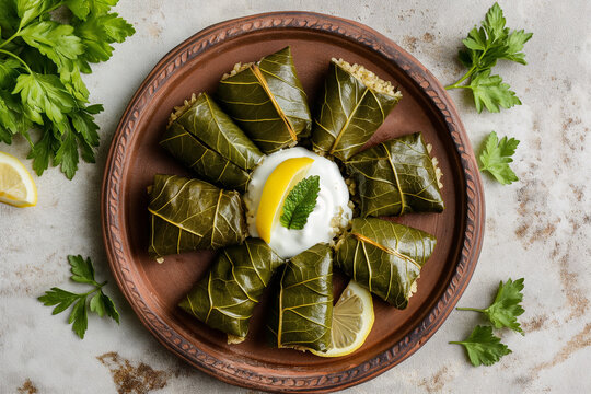 Top view of traditional Albanian japrak grape leaves stuffed with rice on a rustic earthenware plate, generative AI
