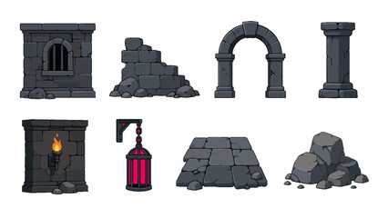 Fantasy stone ruin elements set with arch pillar and lantern © Alan