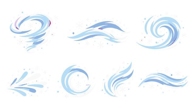 Set of blue winter wind swirls with snowflake decorations
