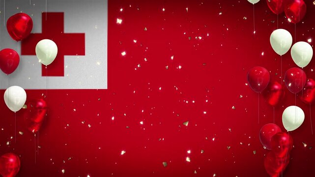 Loop, winner, award, 4K video. Tongan flag background. Anniversary, National Day, celebration, event, vibrant animation. Sparkling confetti, red and white balloons. Video with copy space. Tonga.
