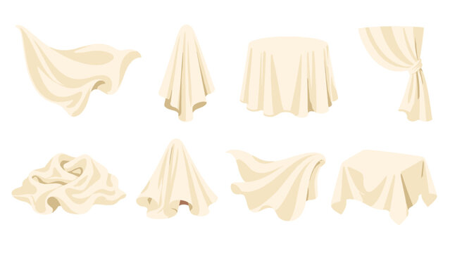 Set of beige draped fabric shapes and covered objects vector