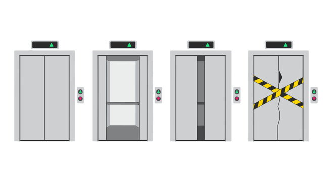 Set of elevator doors with open, closed, and damaged states
