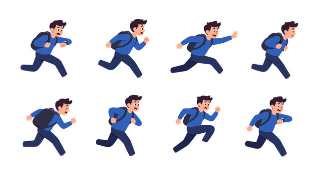 Cartoon student running with backpack in multiple action poses