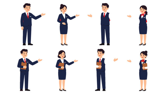Business staff characters in uniform presenting and holding folders