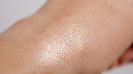 Fototapeta premium Close-up macro shot of human skin texture with a subtle shiny or pearlescent highlight on the surface, showcasing detail and healthy appearance