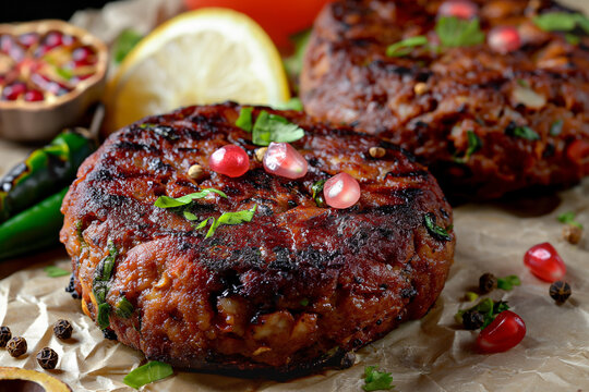 Traditional Afghan chapli kebab minced beef patties with pomegranate seeds on parchment paper
