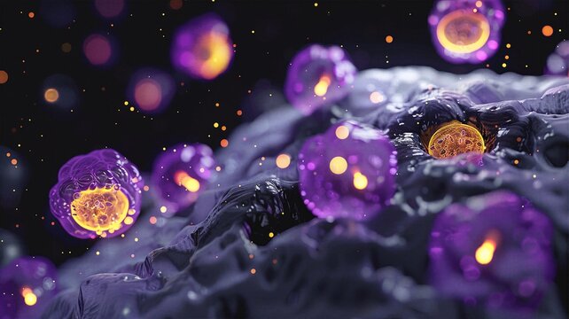 Abstract 3D medical illustration showing glowing purple cellular vesicles or exosomes interacting with a tissue surface, conceptualizing intercellular communication and targeted drug delivery.