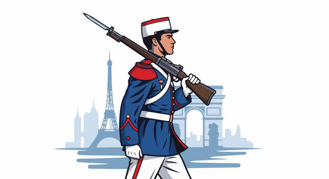 Military guard in uniform with rifle, Parisian landmarks in background