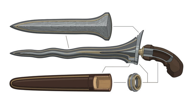 Abstract vector illustration of a colorful, modern digital art dagger and scabbard, isolated on a clean background