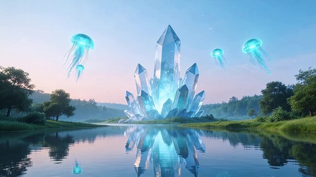 Crystal formation near water with jellyfish