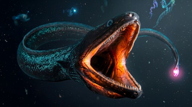 Abyssal Pelican Eel with Maximum Jaw Yawn and Pulsating Lure Surrounded by Deep-Sea Bioluminescent Glow