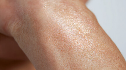 Naklejka premium Close-Up of Human Skin Texture with Subtle Shimmer, Healthy and Radiant Complexion Detail on a Hand or Wrist, Macro Aesthetic Study