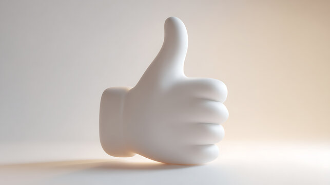 Minimalist white thumps up icon on light background. Simple 3D render of like gesture symbol. Positive feedback concept. Social media approval