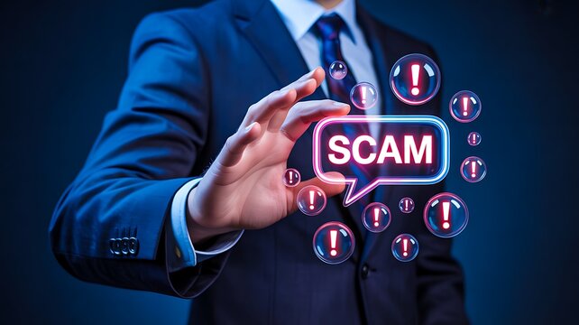 Business professional highlighting scam warning concept for cybersecurity and fraud prevention