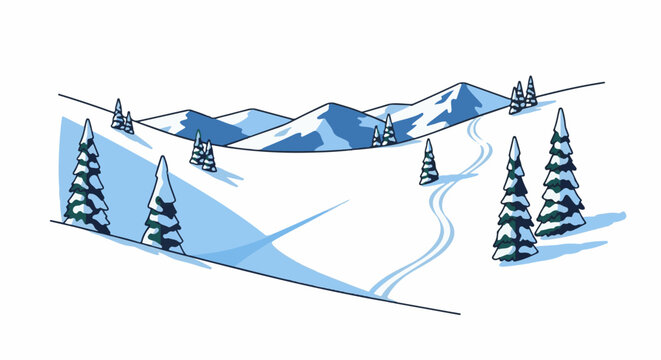 Snow-covered mountains and trees with ski tracks winding downhill