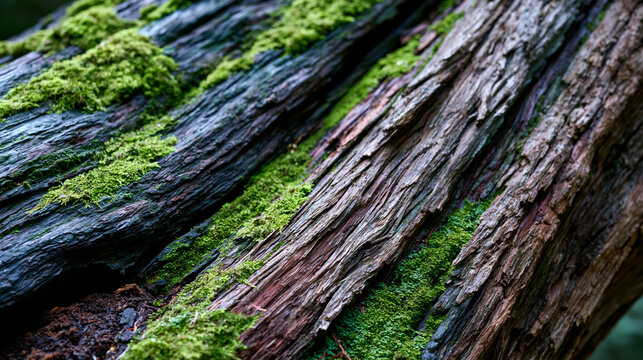 Dense Japanese forest cedar trunk bark texture close, Cryptomeria japonica fibrous strip bark, old growth furrow depth casting shadow lines, moss established in sheltered groove channels, forest flo