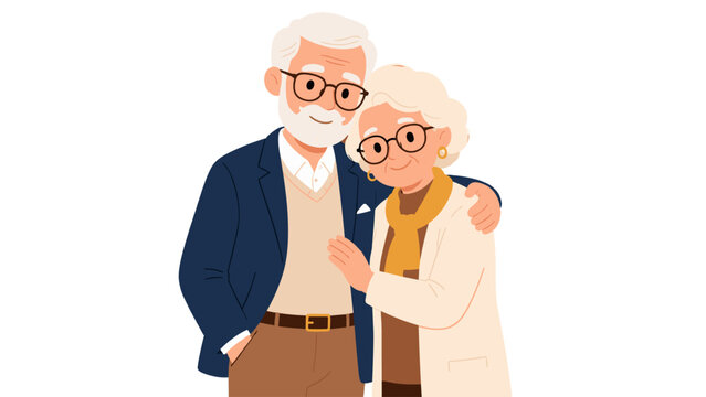 Elderly couple standing together in a warm flat vector style