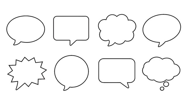 Set of outlined speech and thought bubbles on white background