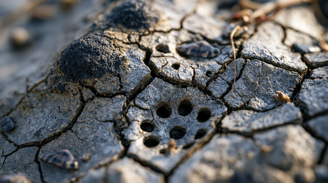 Tidal mudflat surface close macro, estuarine sediment bioturbation worm cast Arenicola marina lugworm mound, desiccation crack polygon pattern, bivalve siphon hole cluster, coastal ecology intertida