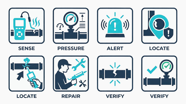 Repair team verifies and locates pipeline issues with alert systems and pressure sensors.