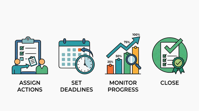 Project manager assigns actions, sets deadlines, monitors progress, and closes tasks efficiently daily.