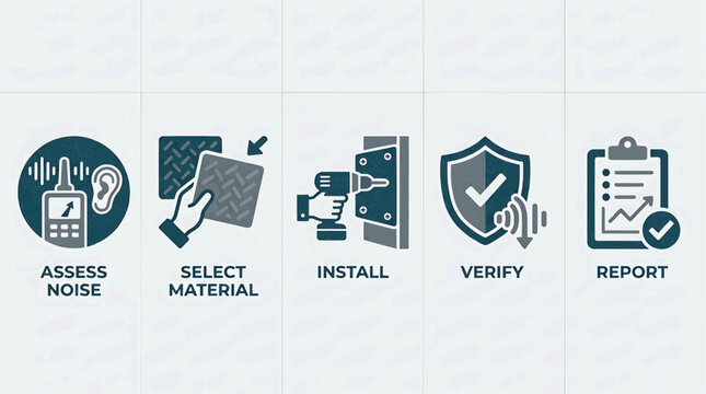 The process of assessing noise, selecting material, installing, verifying, and reporting safety measures in an industrial setting with icons.