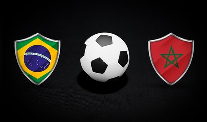 Naklejka premium Brazil and Morocco soccer shield icons with black and white football on dark background for sports design 4k animation