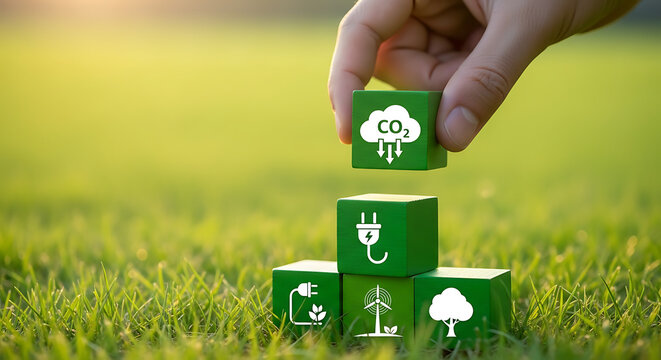 Hand placing green block with co2 reduction icon on eco friendly stack, business