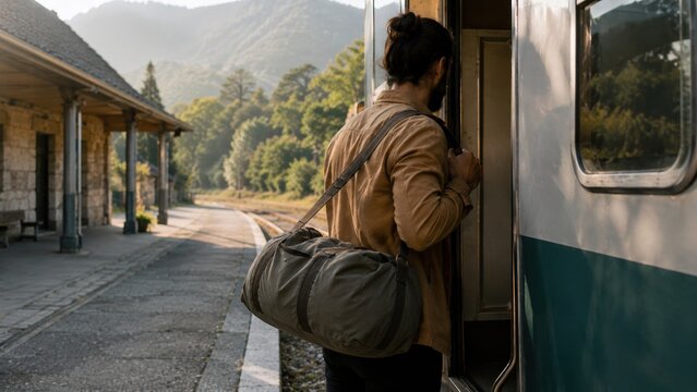 Traveler boards train at quiet station near mountains in the afternoon light