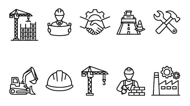 Construction line icons set with crane tools helmet and workers
