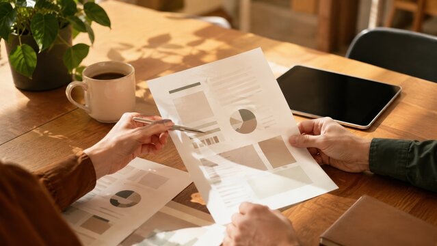 Discussion of business reports and charts at a wooden table with coffee and a tablet in a cozy office